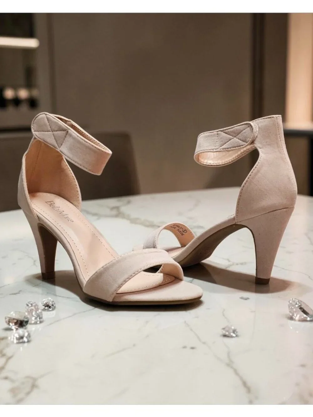 Taupe Suede Open-Toe Heels With Ankle Strap Bella Marie Brand